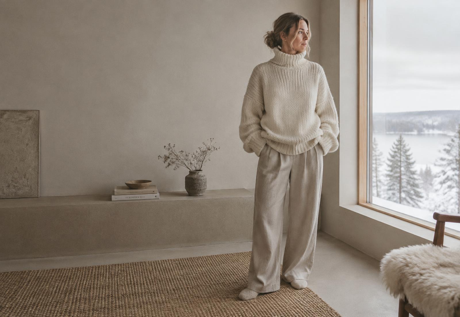 Strikker i cremefarvet sweater i et lyst nordisk rum